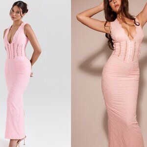 House of CB 'Sophina' Perfectly Pink Broderie Anglais Plunge Maxi Dress NWT